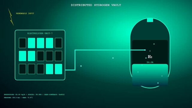 This digital interface monitors a decentralized energy network showing real time hydrogen production and storage levels within a futuristic green industrial automation control system.