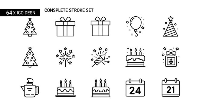 Celebration and holiday event thin line icons.