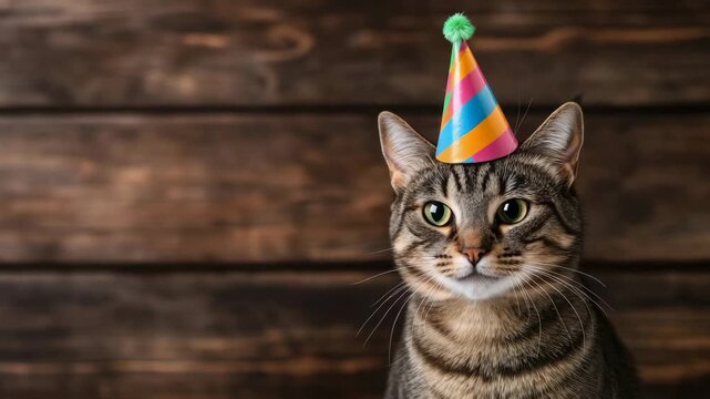 Tabby cat wearing colorful party hat against wooden background  