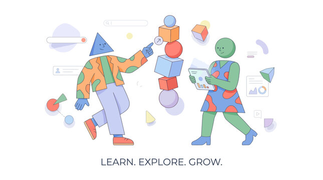 Abstract characters interacting with colorful 3D geometric shapes.