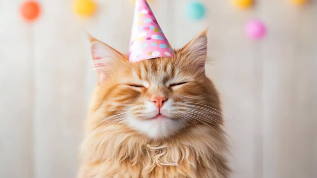 Adorable cat wearing birthday hat and smiling against a festive backdrop  