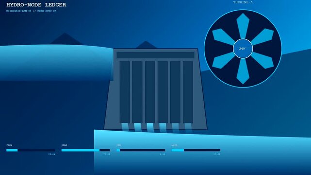 This digital animation of a decentralized energy network monitors hydroelectric dam performance with rotating turbines and fluctuating data bars to manage sustainable power distribution efficiency