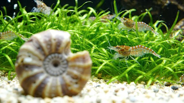 Vibrant freshwater aquarium showcasing active shrimp gracefully foraging among lush green plants, with a distinct ancient fossil shell on the sandy substrate