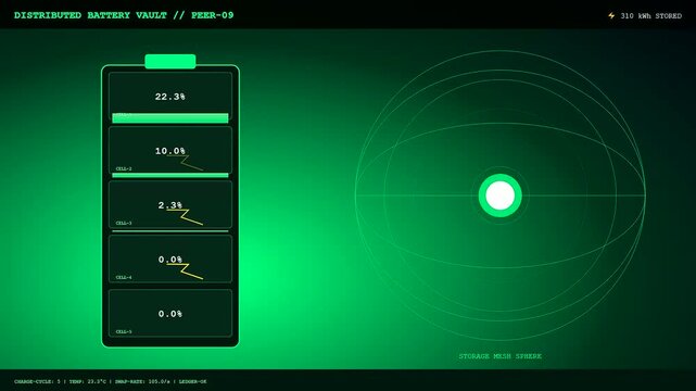 A digital monitoring interface for a Decentralized Energy Network displays energy depletion cycles and storage mesh data through a glowing green high tech head up display.