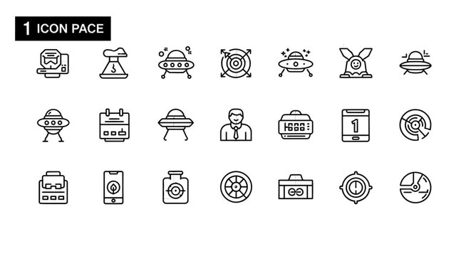Futuristic spaceship and robot outline icon collection.