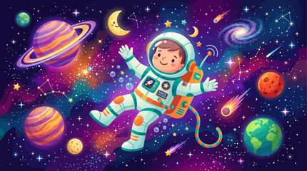 Child astronaut floating in colorful nebula with planets, stars, and galaxies © john