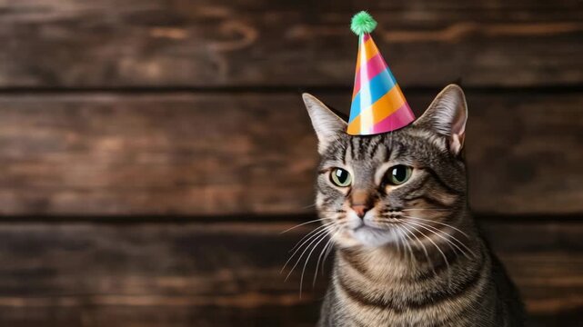 Cat wearing colorful party hat on wooden background  