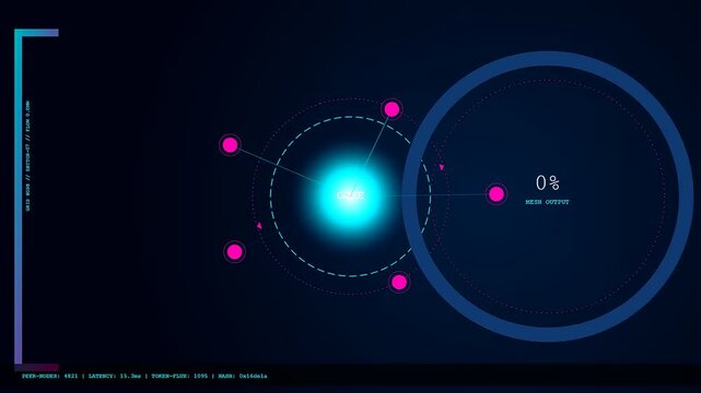 Dynamic motion graphics reveal a decentralized energy network where glowing blue cores and pink nodes rotate across a high tech user interface dashboard screen.