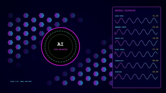 Monitoring a sophisticated Decentralized Energy Network. Real-time data waves and hexagonal grid patterns pulse through glowing digital animations for futuristic smart power management visuals.