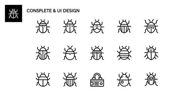 Insect and software bug line icons for tech debugging.