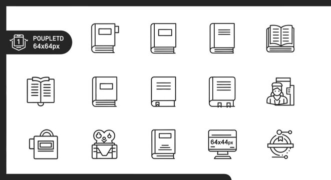 Education book library and academic document line icons.