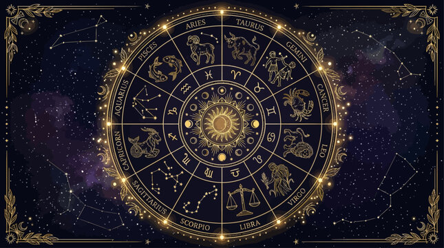 Elaborate golden astrological zodiac wheel with intricate constellations and mystical symbols set against a dark, star-filled cosmic background, representing destiny and fate in the universe
