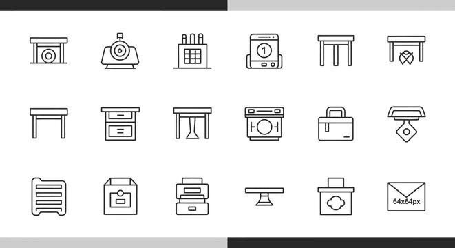 Minimalist office furniture and workstation outline icon set.