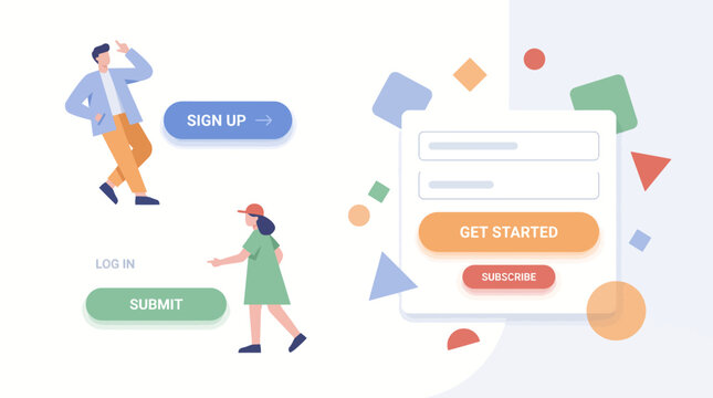 People interacting with registration and sign up form elements.