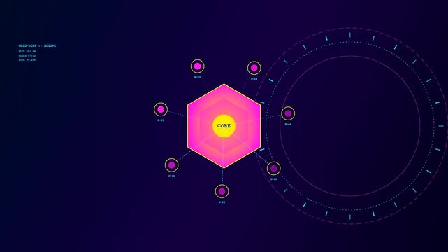 An animated display of a decentralized energy network features a glowing hexagonal core connected to rotating nodes and data rings within a dark purple digital environment.