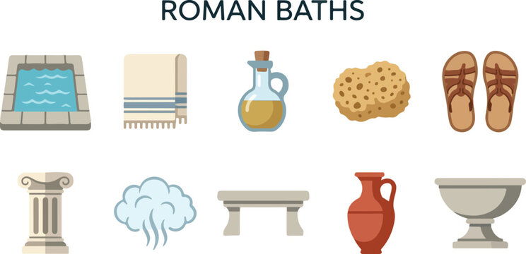 Roman Bath Pool Towel Oil Jug Sandals and Steam Symbols for Ancient Spa Culture