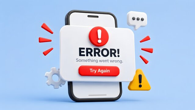 3D smartphone with error message pop up and warning symbols illustrating mobile app failure or system bug concept.