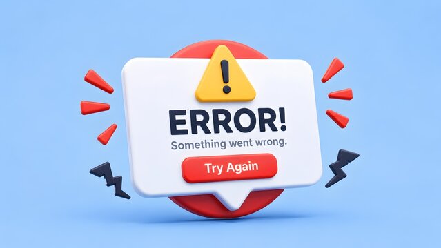 3D error notification popup with warning triangle and lightning bolts illustrating system crash or network failure.