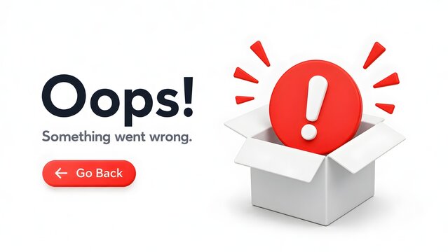 3D open box with red exclamation mark inside illustrating delivery error, missing package, or product issue concept.