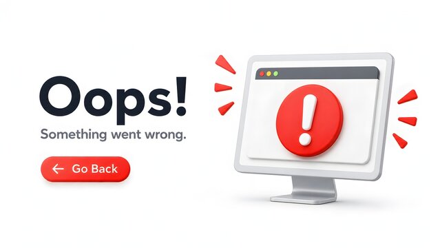 3D desktop computer monitor showing red alert exclamation mark illustrating system error or website crash concept.