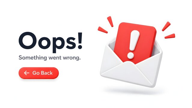 3D open envelope with red exclamation alert card illustrating email delivery failure, spam message, or communication error.