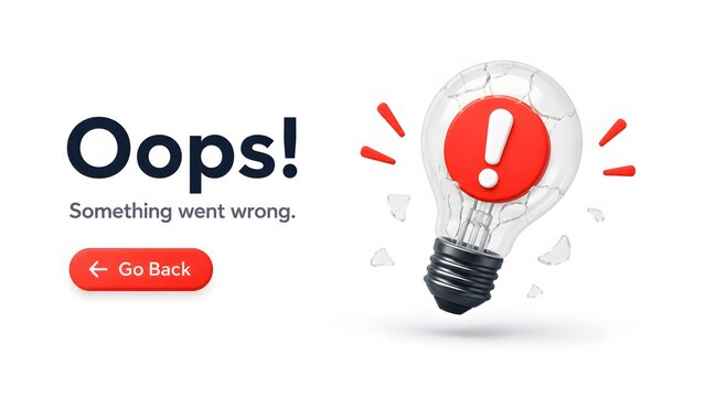 3D shattered light bulb with red exclamation mark illustrating bad idea, innovation failure, or broken solution concept.