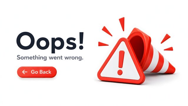 3D fallen traffic cone with red warning triangle illustrating construction error, page under maintenance, or offline website.