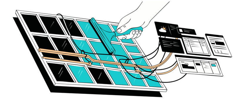 Data cleaning concept hand squeegee wiping digital dashboard interface screen with cables and icons, technology optimization, database wash, web development program maintenance flat vector art design.