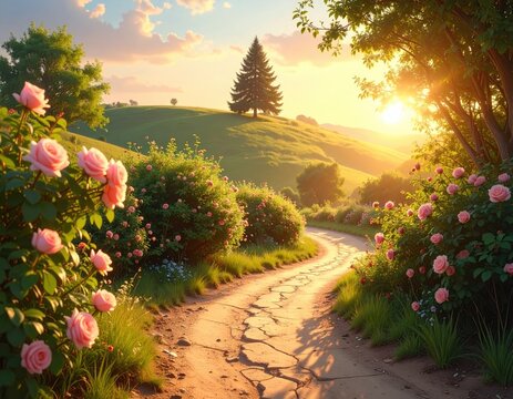 Gentle dirt path winds through blooming rose bushes, fields, and trees at sunset