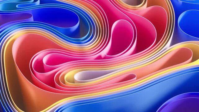 Radial curves of layered red, orange, and blue plastic seen from top-down forming structured radial pattern