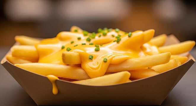 Gourmet golden crispy french fries smothered in rich melted cheddar cheese sauce served in a convenient disposable container for a delicious salty fast food snack and warm appetizer.