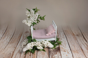 Newborn Photography Prop Bed with White Lilac Flowers © Svetlana