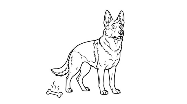 White Wolf Dog Sitting on White Background in Minimalist Line Art Style