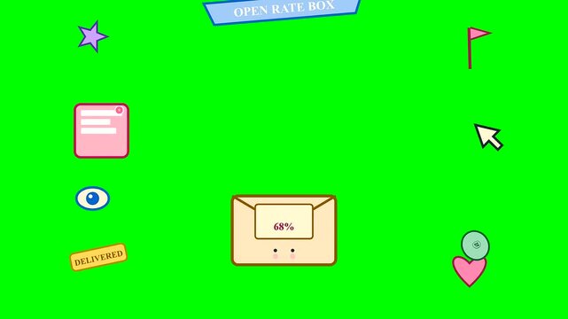 An animated engagement analytics dashboard pops with vibrant icons representing email open rates and delivery statistics moving fluidly across a green screen for easy video editing.