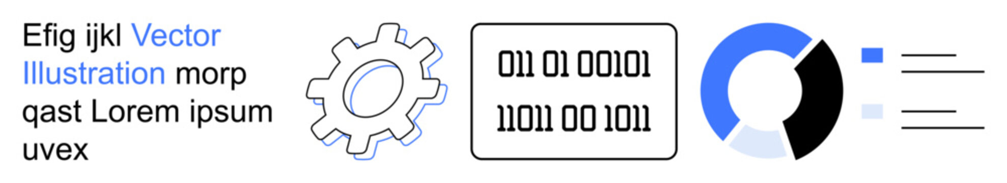 Data analysis, programming, development, coding, system optimization, automation. A gear, binary codes and a pie chart with lines. Data analysis and programming