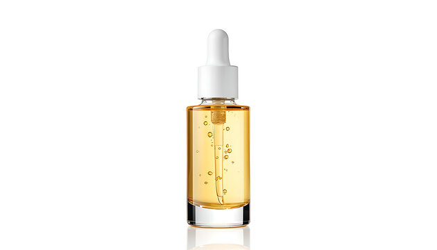 Glass dropper bottle with yellow liquid isolated on white background