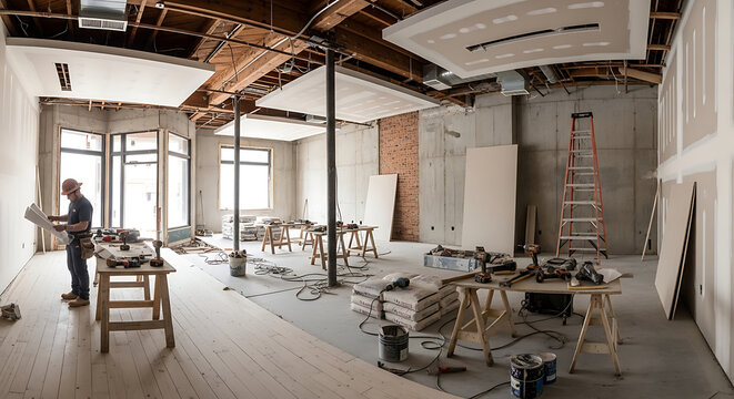 Industrial coffee shop interior during modern renovation project featuring unfinished concrete walls exposed wooden ceiling beams and new polished floor under construction for a boutique cafe.