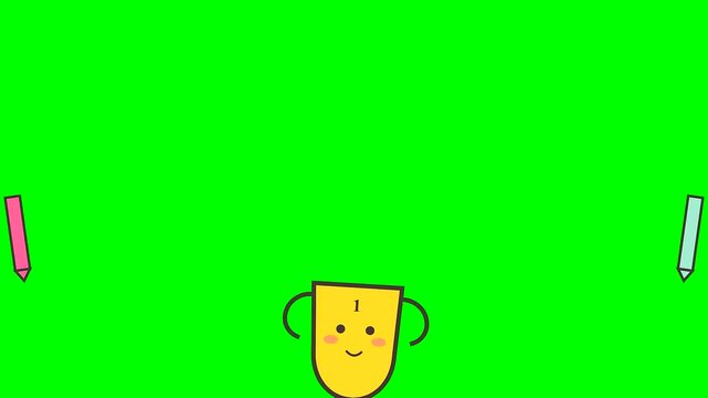 Integrated into a modern engagement analytics dashboard this cute animated trophy reward features a smiling gold cup floating against a green screen for video production.