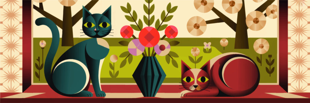 Geometric cats with floral vase in retro garden, colorful mid century modern illustration, playful horizontal wall art