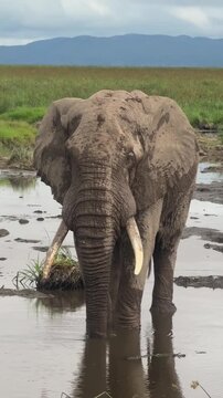 African elephant standing in a muddy waterhole in amboseli national park