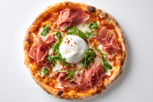 Modern Italian Pizza with Burrata, Prosciutto Crudo, and Fresh Arugula on a Rustic Wooden Surface