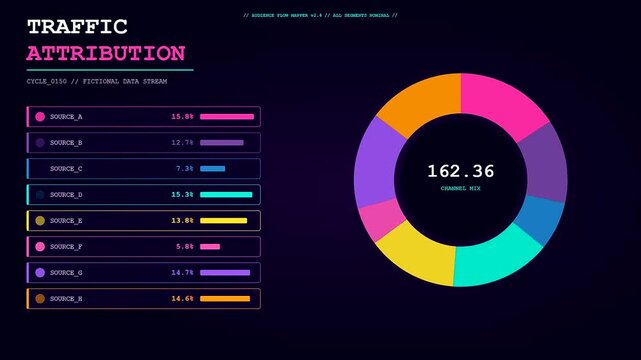 This futuristic engagement analytics dashboard cycles through colorful traffic attribution data showing dynamic updates of digital marketing metrics and channel mix performance across various sources.