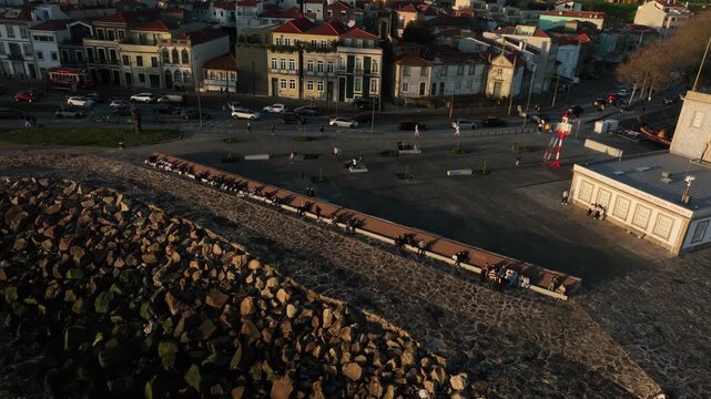 Drone Footage of Foz do Douro Waterfront in Porto Portugal During a Golden Sunset