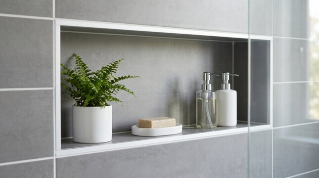 Sleek gray tile bathroom wall niche with built in shelf holding small fern plant and luxury glass soap dispensers for contemporary bathroom renovation and modern interior styling.