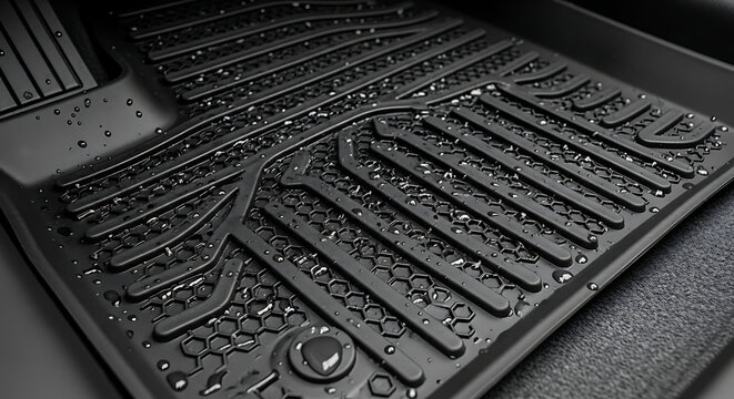 Durable black rubber automotive floor mat featuring resilient textured surface design for superior grip and protection against dirt mud and liquid spills inside a modern vehicle interior