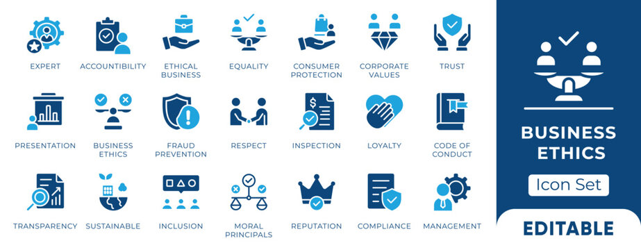 Business Ethics Icon Set Featuring Integrity, Loyalty, Honesty, Diversity, Sustainability, Equality, Compliance, and Trust for Corporate Design.