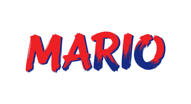 Mario text logo, red and blue brush stroke letters, bold font, white background