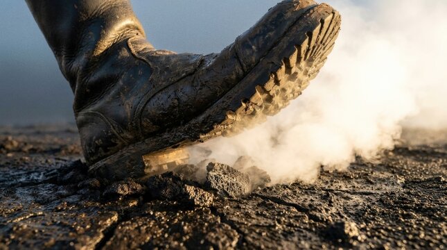 Lava beach volcanic crater Indonesia with vulcanologist boot stepping on steaming black sand