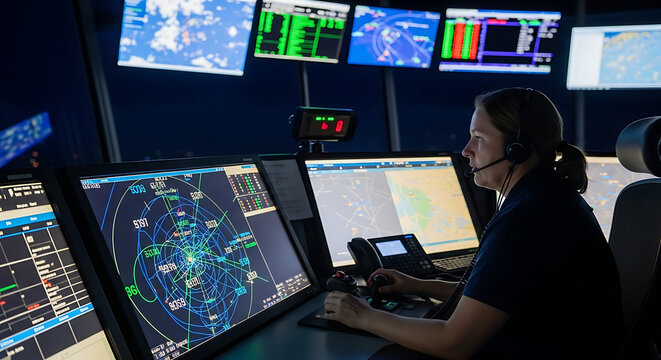 Modern air traffic control tower monitor displaying glowing radar screen with digital flight path for global aircraft tracking and sophisticated aviation surveillance technology equipment.
