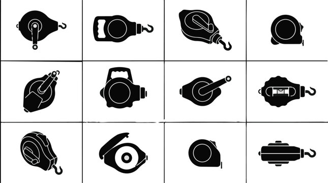 Collection of various plumb bob and chalk line reel silhouettes for construction and measurement.